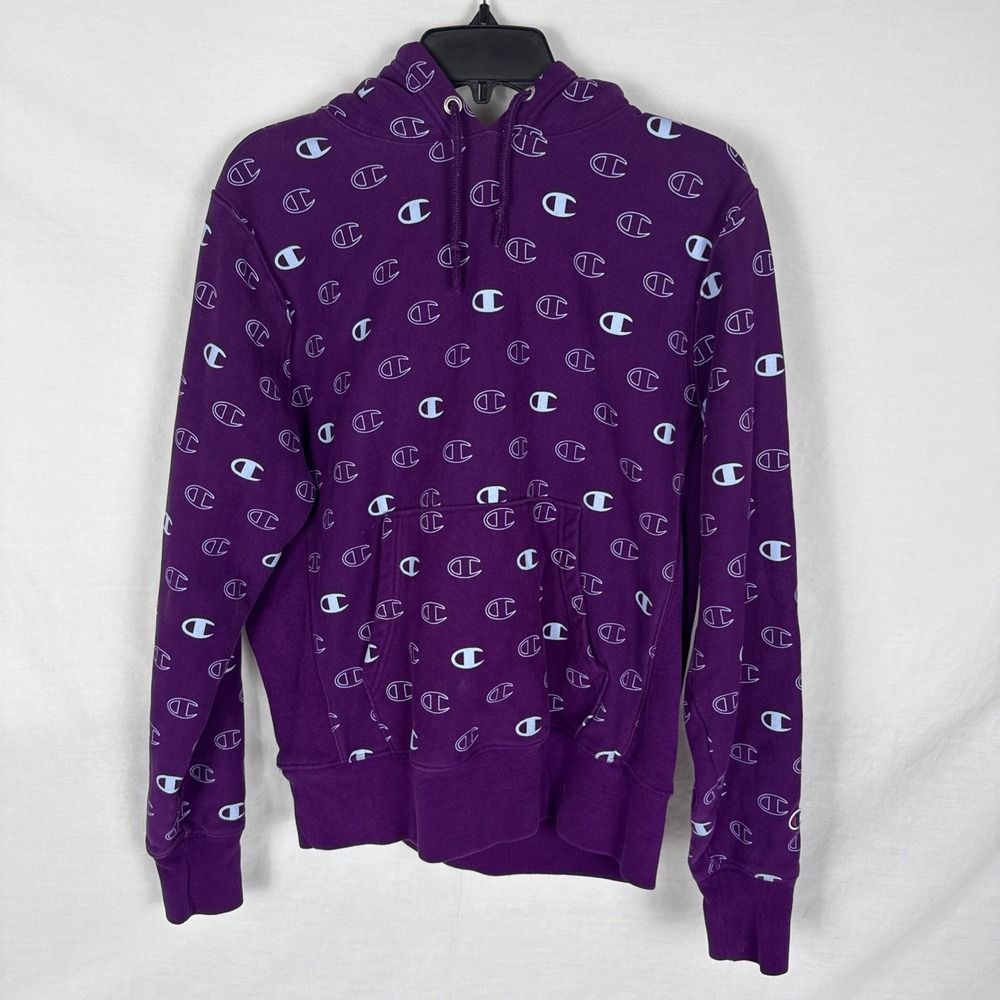 Champion reverse weave crew , all over logo C purple sweatshirt, Size: Medium M